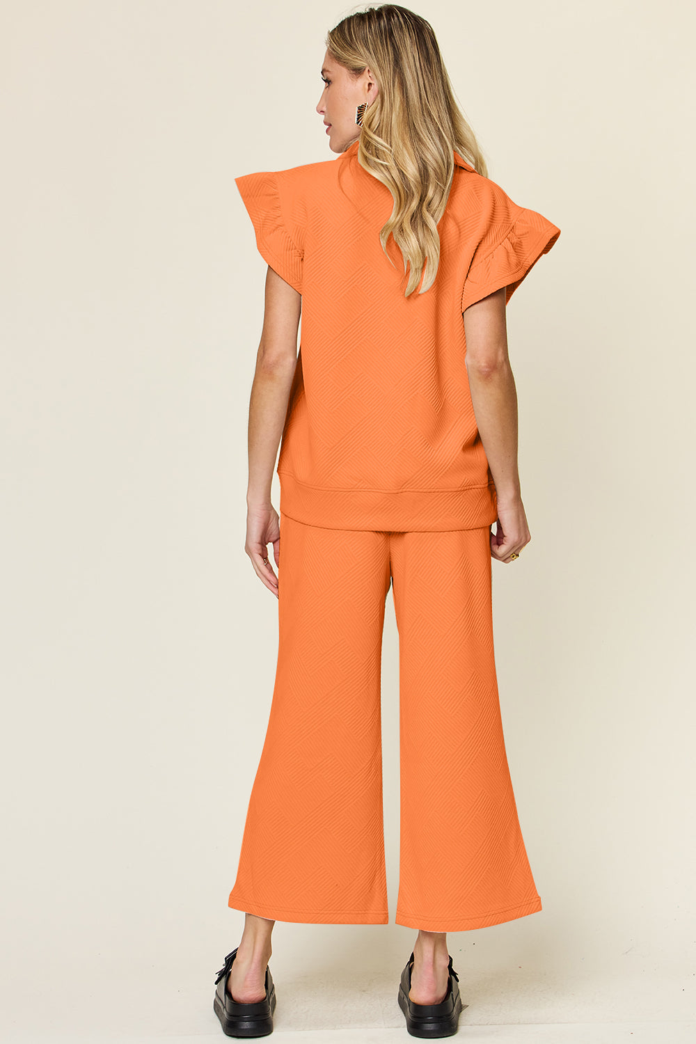Double Take Texture Ruffle Short Sleeve Top and Drawstring Wide Leg Pants Set - MyEmpired