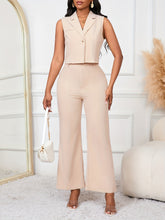 Solid Color Elegant Pantsuits, Button Front Lapel Collar Crop Sleeveless Blazer & High Waist Pants Outfits, Women&