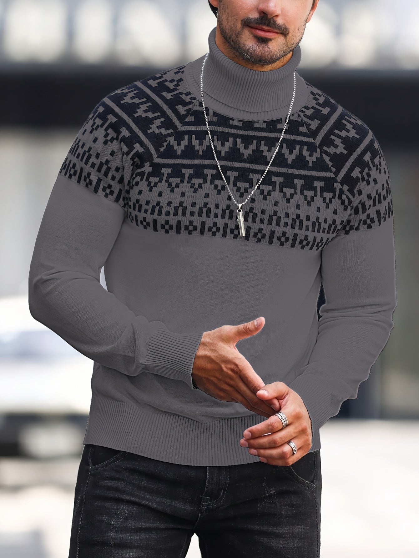 Men's Geometric Graphic Print Knitted Pullover, Casual Long Sleeve Turtle Neck Sweater For Fall Winter, Outdoor Cloth