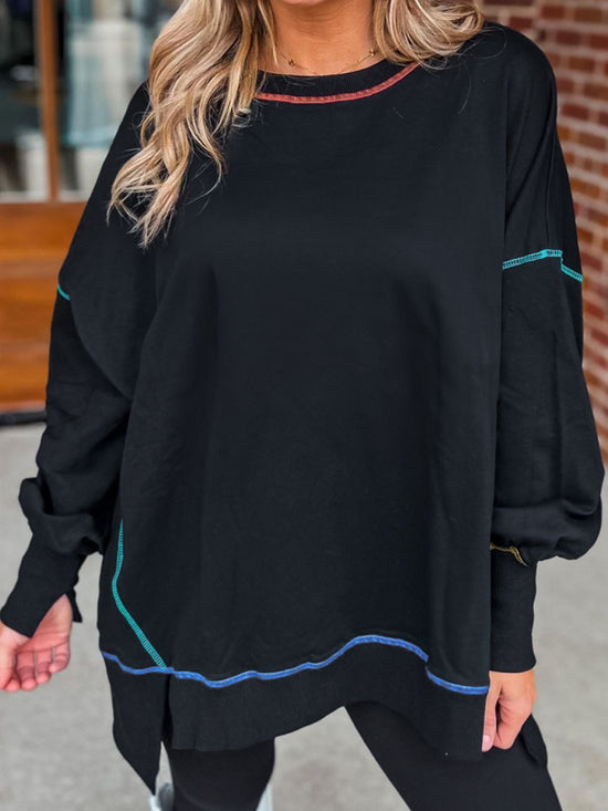 Slit Round Neck Lantern Sleeve Sweatshirt - MyEmpired