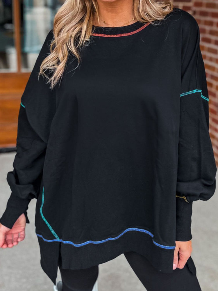 Slit Round Neck Lantern Sleeve Sweatshirt - MyEmpired
