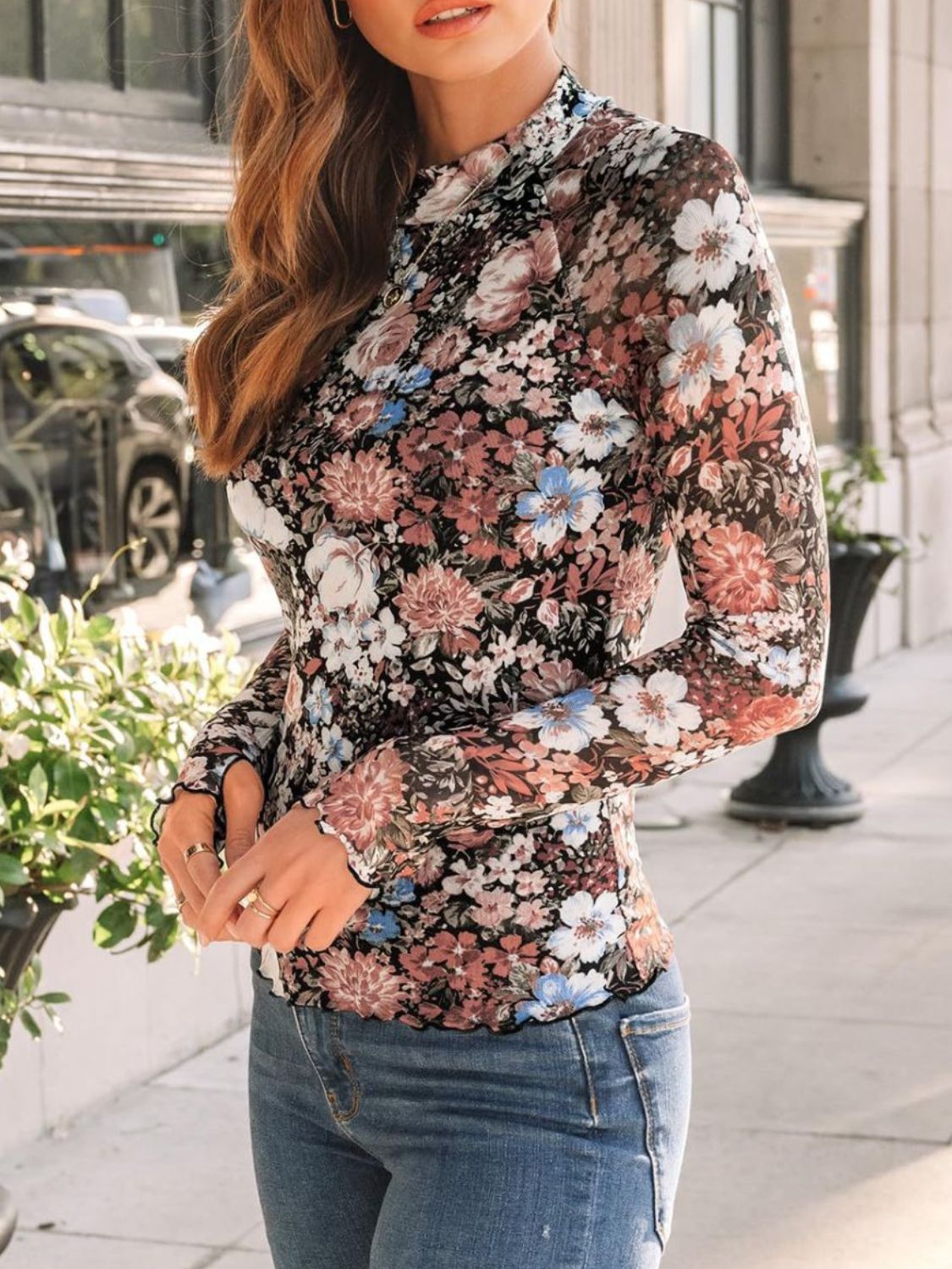 Floral Mock Neck Long Sleeve T-Shirt - MyEmpired