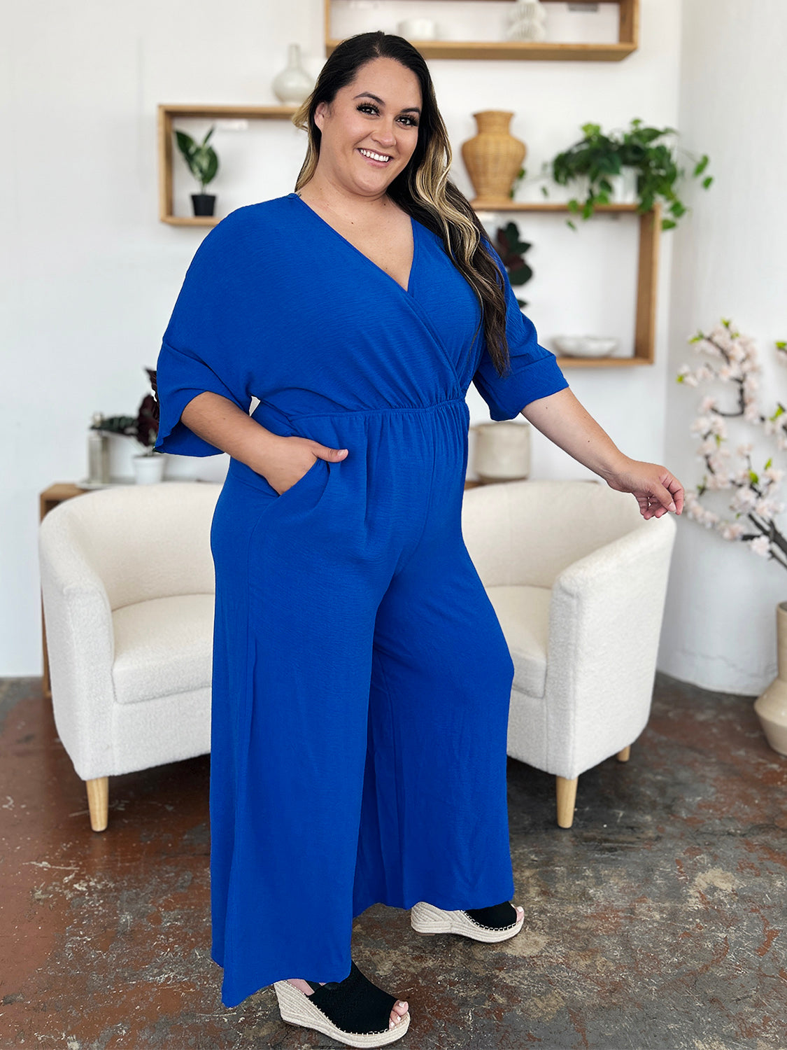 Double Take Full Size Surplice Wide Leg Jumpsuit with Pockets - MyEmpired