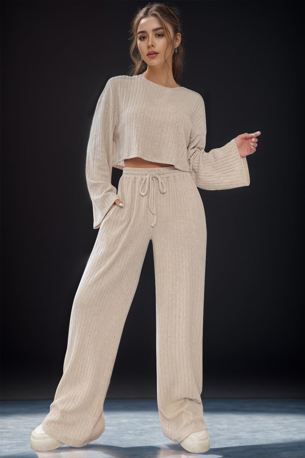 Round Neck Long Sleeve Top and Pants Set - MyEmpired