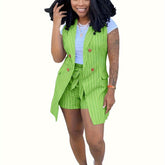 Elegant Striped Print Two Pieces, Double-Breasted Lapel Collar Sleeve Vest & Paper Bag Waist Belted Shorts Outfits, Women&
