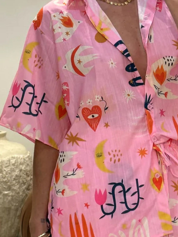 Printed Button Down Shirt and Shorts Set - MyEmpired