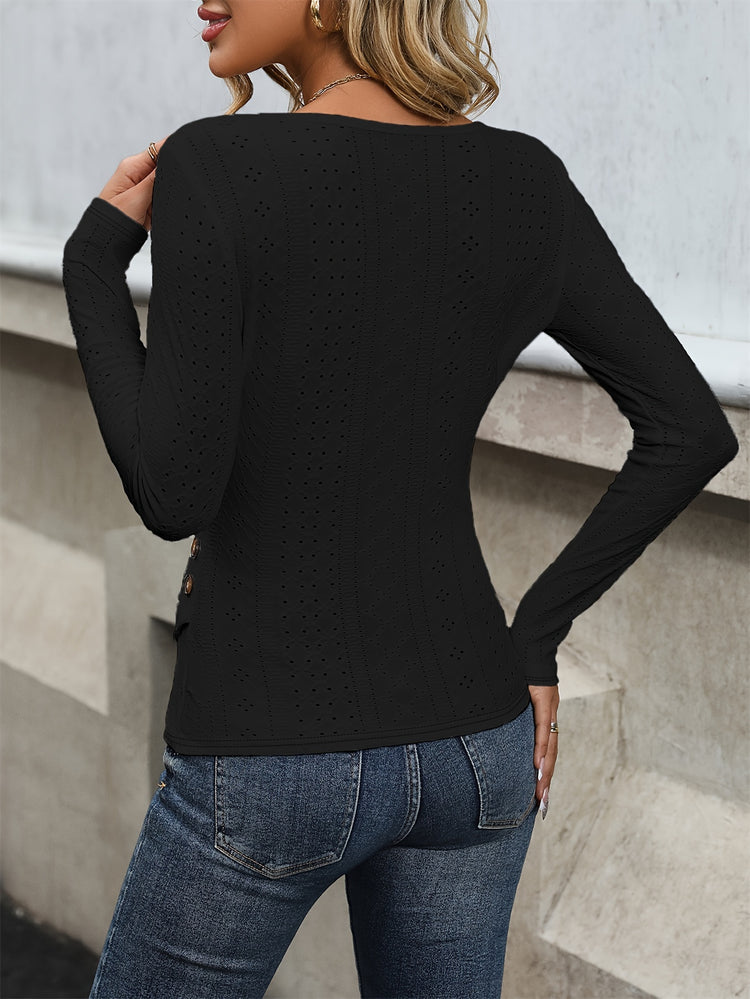 Surplice Neck Eyelet Skinny Top, Elegant Side Button Long Sleeve Top For Spring & Summer, Women&