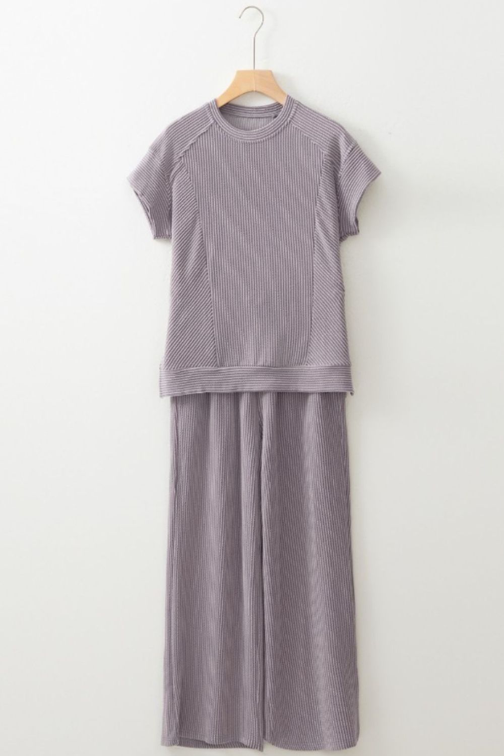Corded Knit Short Sleeve T-Shirt and Wide Leg Pants Set - MyEmpired
