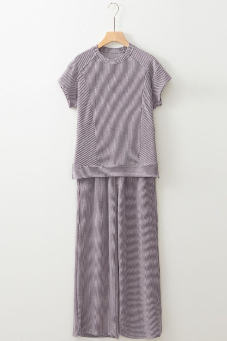 Corded Knit Short Sleeve T-Shirt and Wide Leg Pants Set - MyEmpired