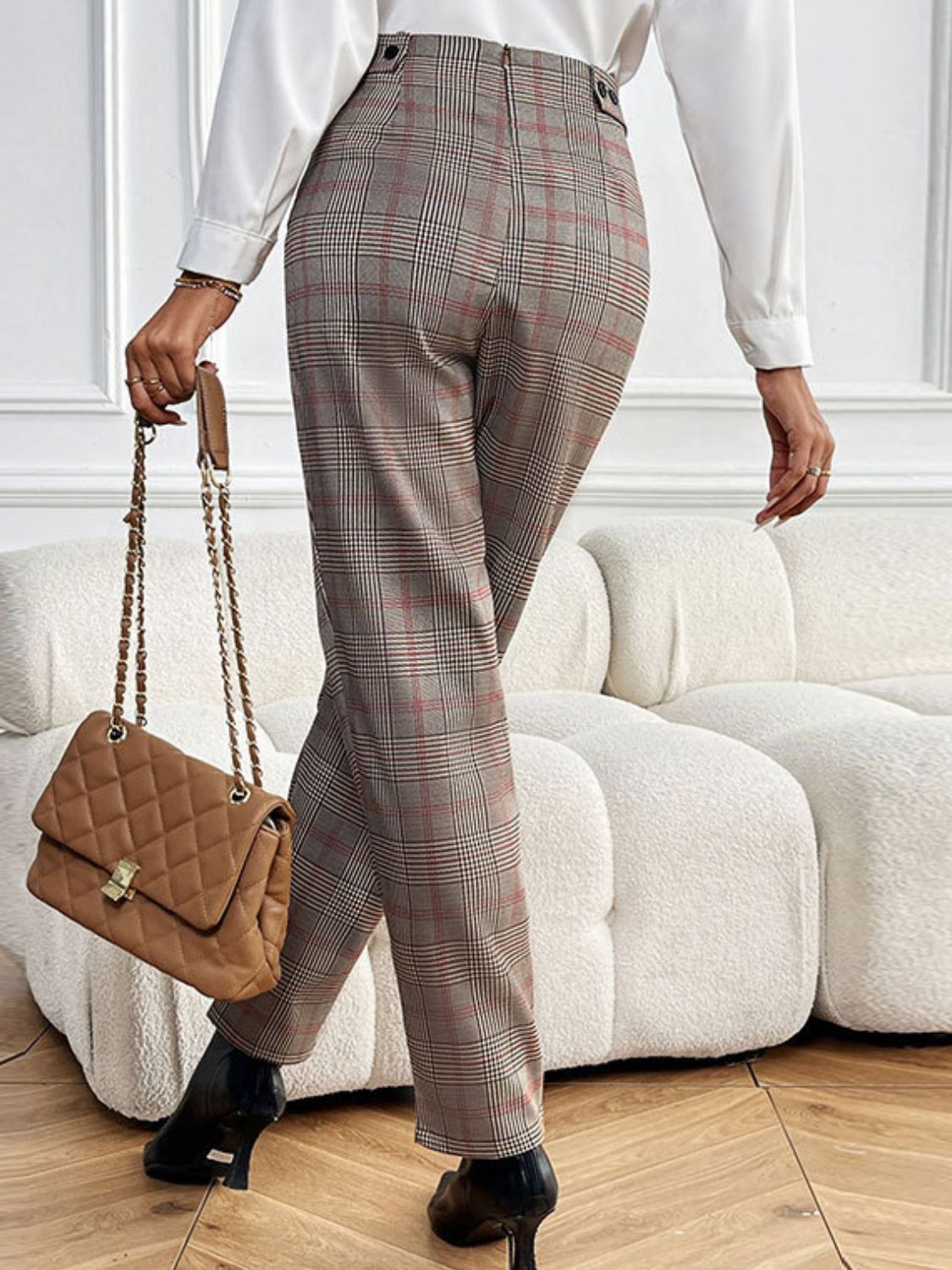 Perfee Plaid Straight Pants with Pockets - MyEmpired