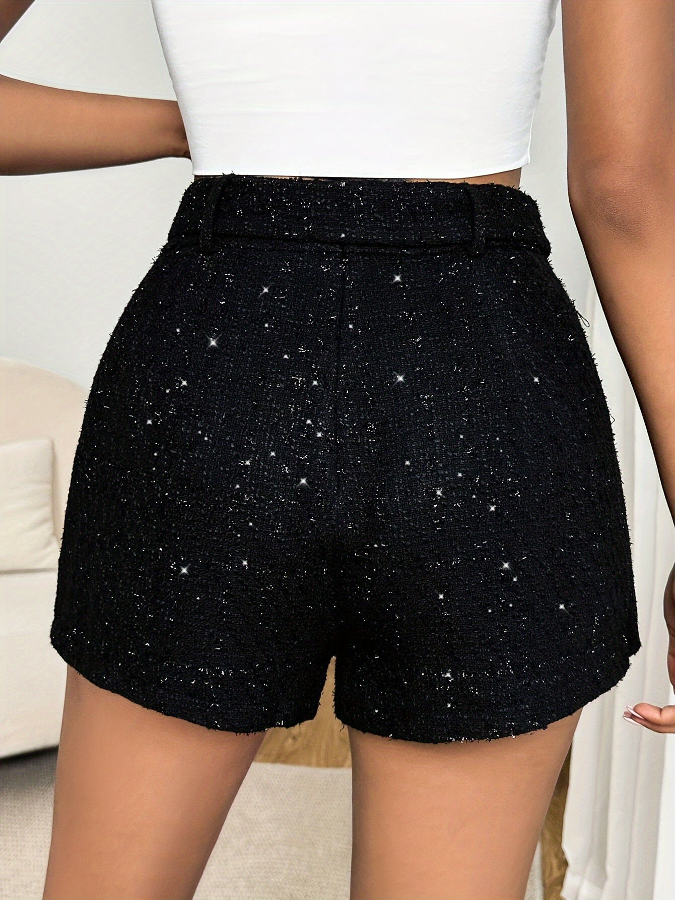 Rhinestone Sequined Solid Color Shorts, Casual Sporty High Waist Shorts, Women's Clothing