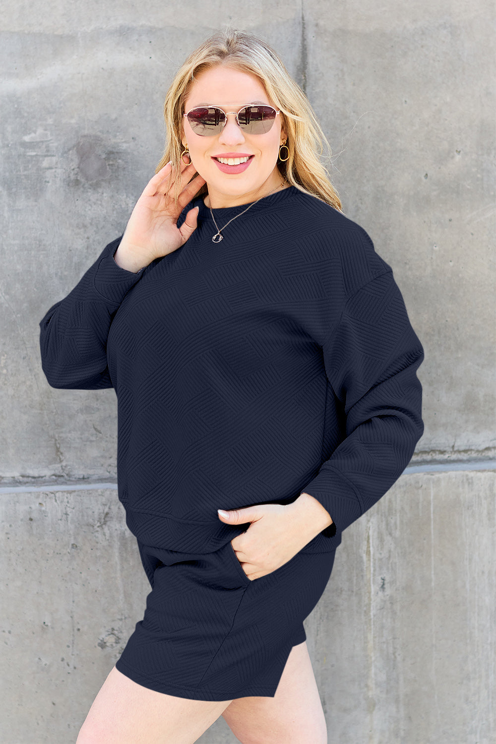 Double Take Full Size Texture Long Sleeve Top and Drawstring Shorts Set - MyEmpired