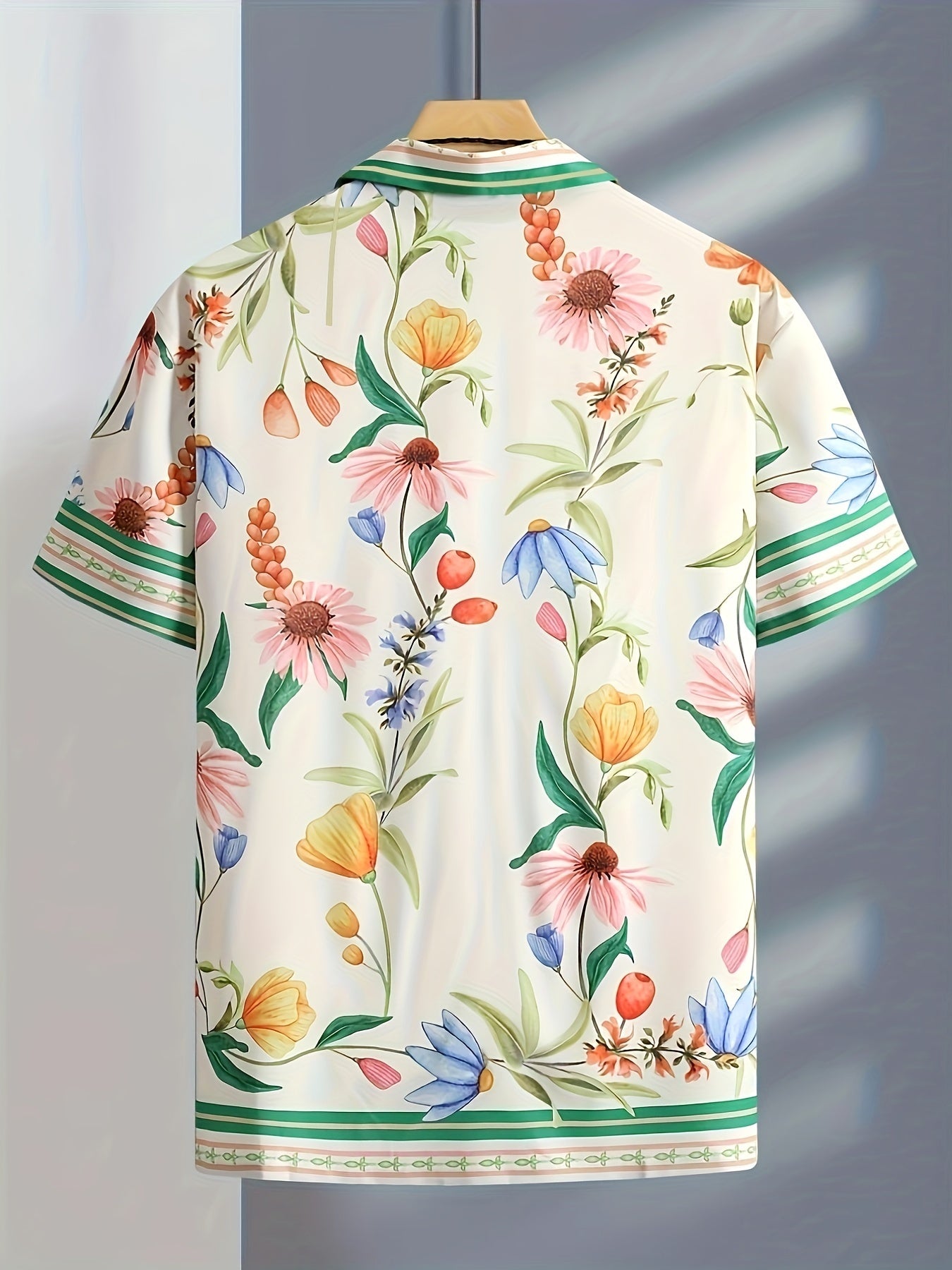 Men's Floral Graphic Pattern And Stripe Print Lapel Shirt With Button Down Placket And Short Sleeve, Fashionable And Chic Tops For Men, Suitable For Summer Leisurewear And Vacation