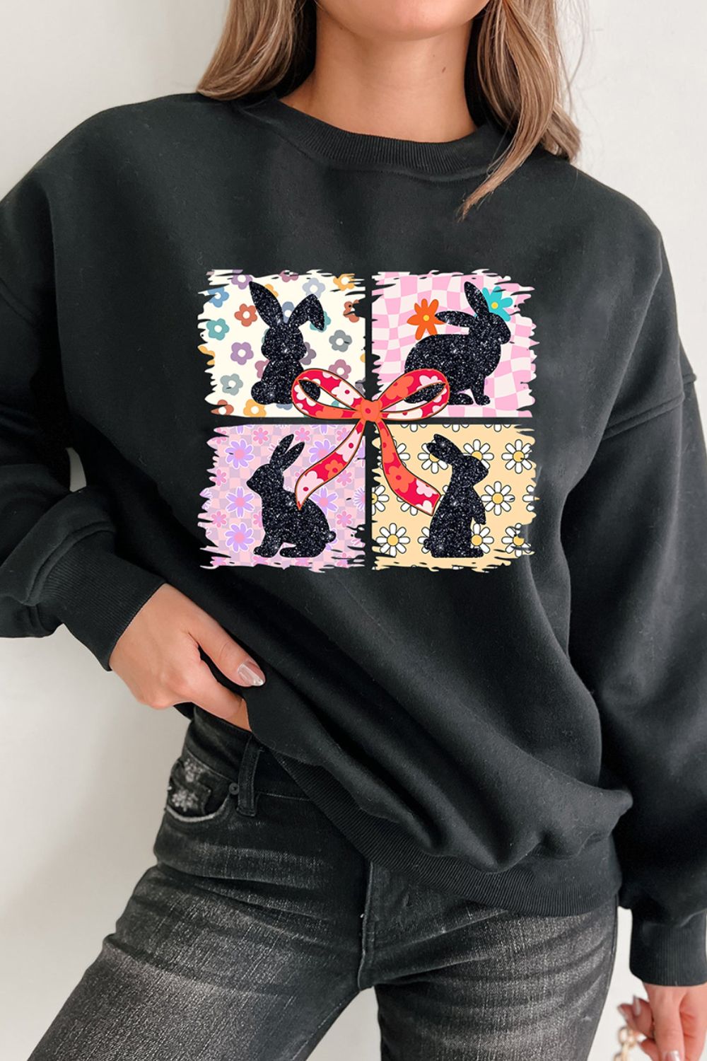 Floral Bunny Plaid Bow Graphic Easter Sweatshirt - MyEmpired