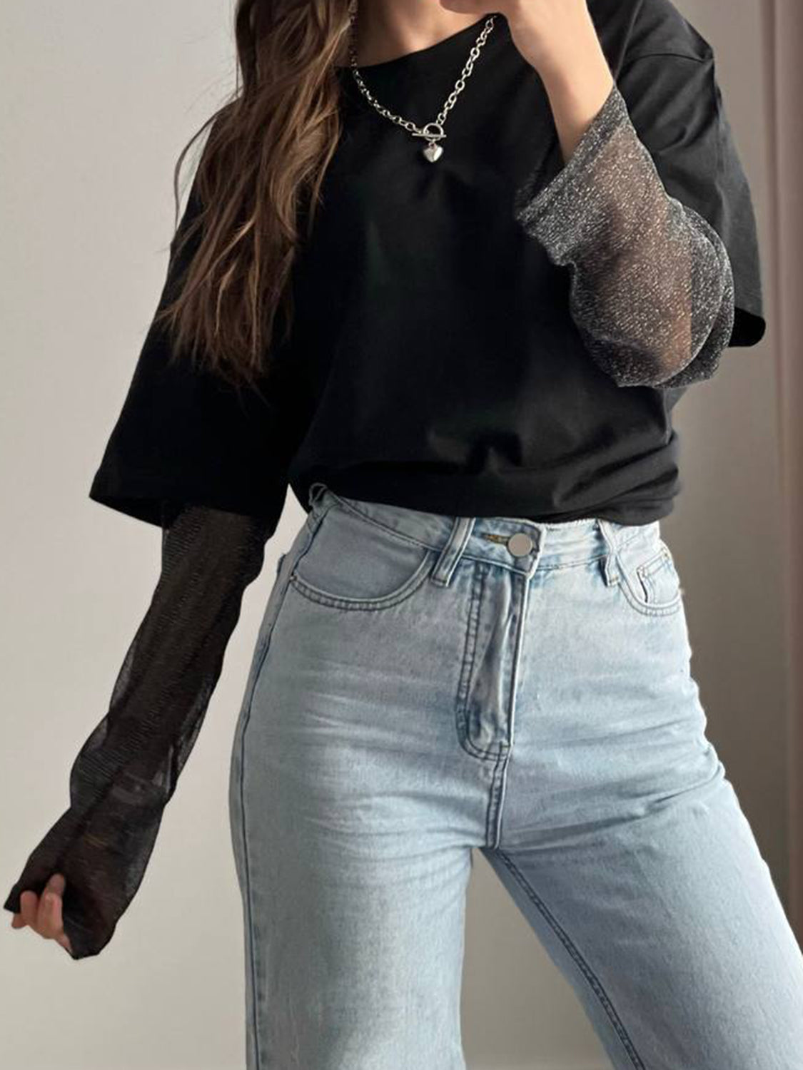 Faux Layered Round Neck Mesh Sleeve Top - MyEmpired