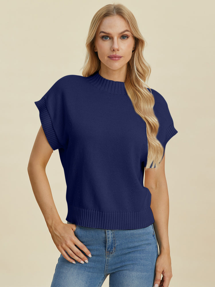 Double Take Full Size Mock Neck Short Sleeve Sweater - MyEmpired