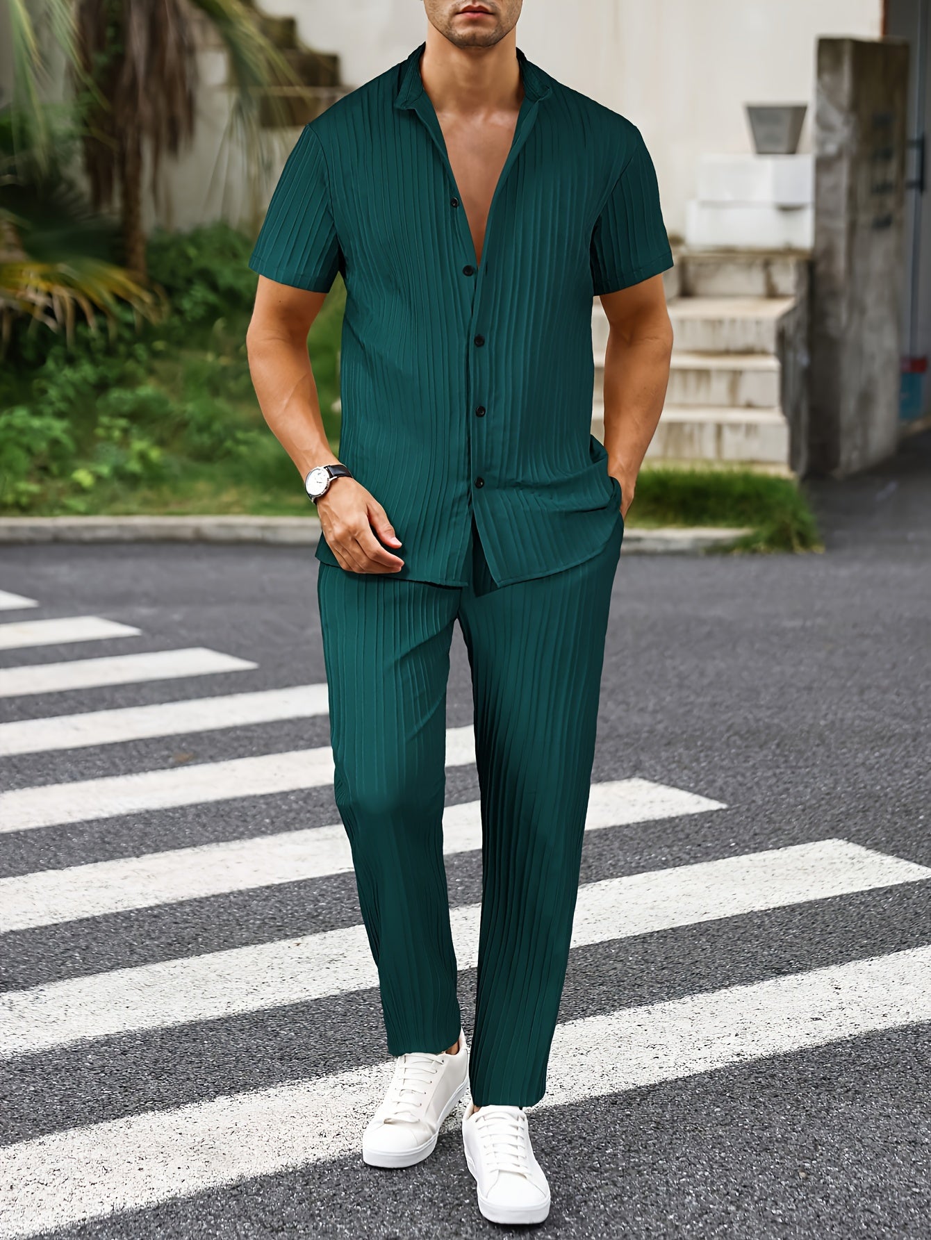 Men's Solid Color Casual Outfit Set, Regular Fit Short Sleeve Button Up Lapel Shirt And Elastic Waist Pants For Casual Daily Wear