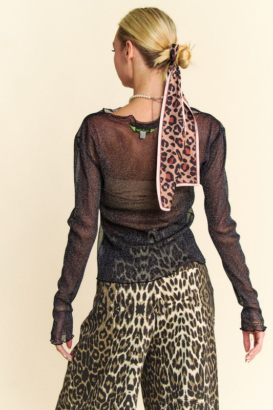 Davi & Dani Glitter Mesh Lettuce Hem Long Sleeve Top - MyEmpired