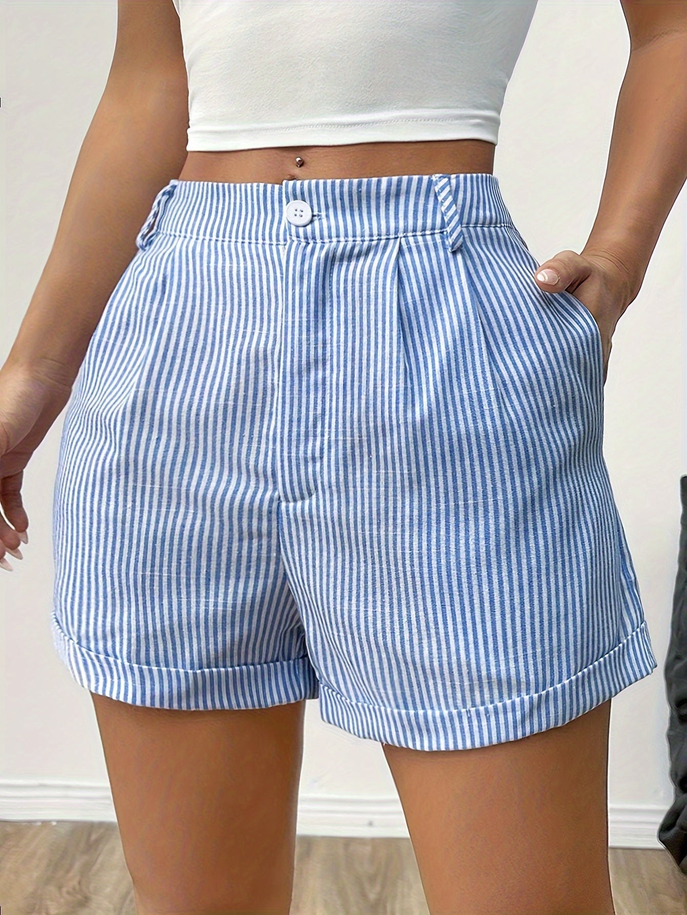 Striped Button Front Shorts, Casual Daily Wear Shorts For Spring & Summer, Women's Clothing