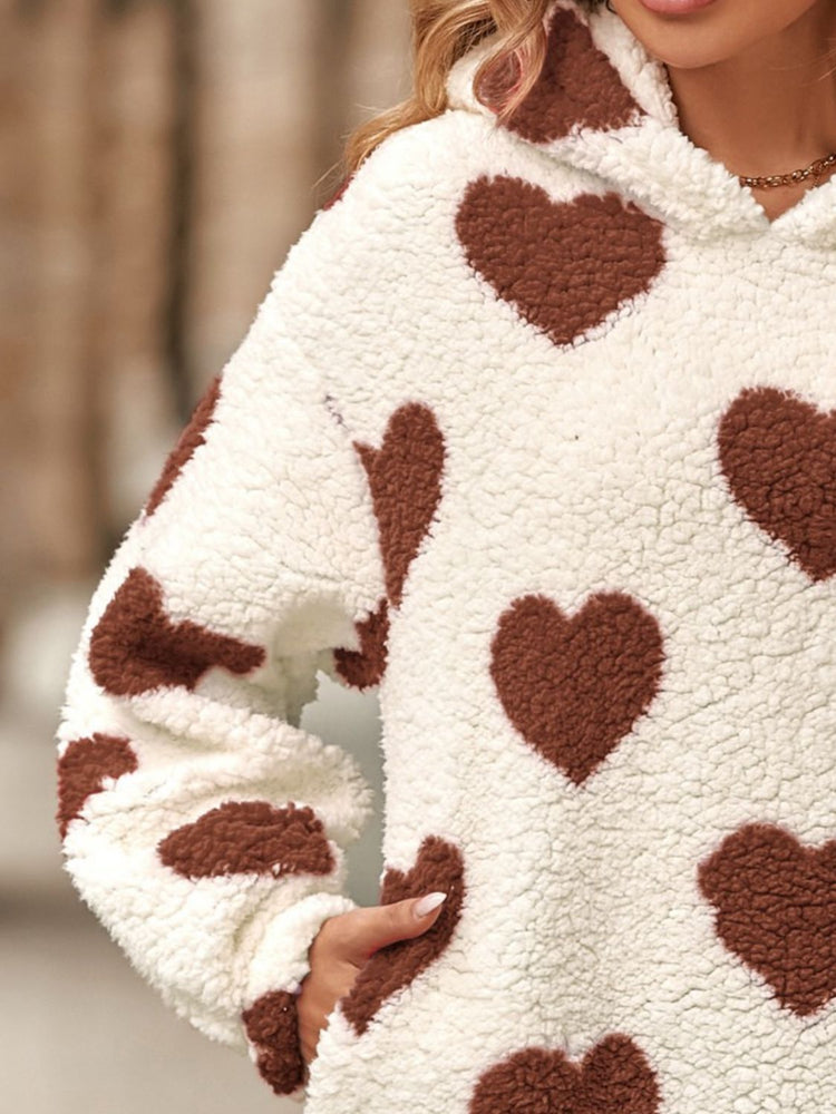Fuzzy Heart Pocketed Dropped Shoulder Hoodie - MyEmpired