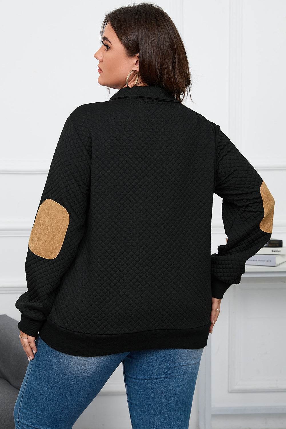 Plus Size Waffle-Knit Collared Neck Sweatshirt - MyEmpired
