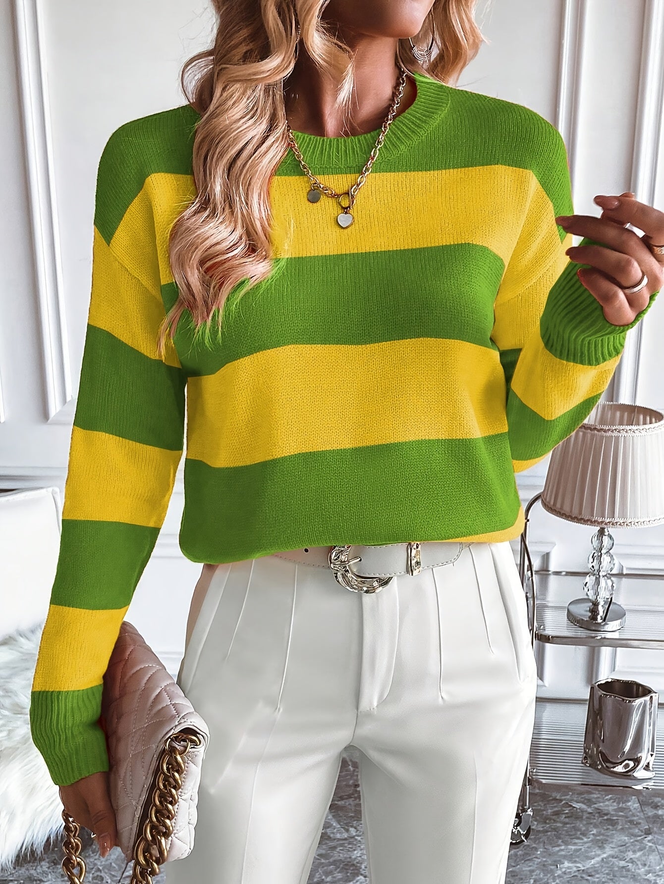 Women's Casual Color Block Striped Knit Sweater - Crew Neck, Long Sleeve Pullover for Fall/Winter