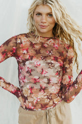 Floral Mock Neck Long Sleeve Sheer Top - MyEmpired