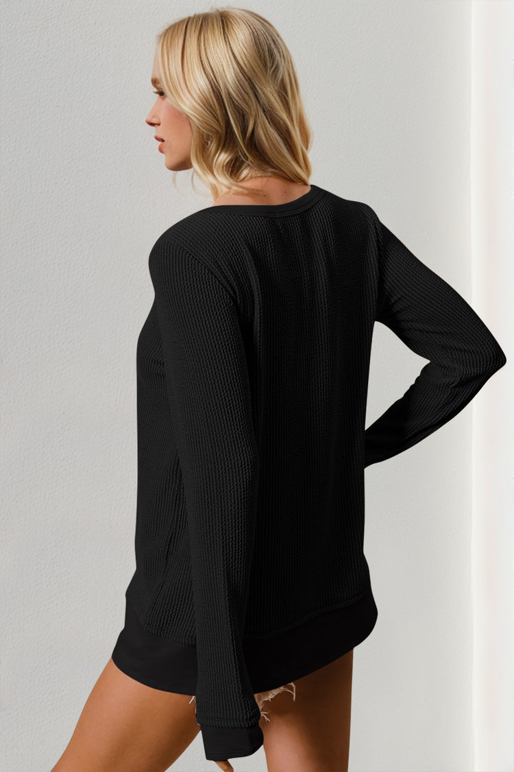 Double Take Corded Rib Thumbhole Cuff Round Neck T-Shirt - MyEmpired