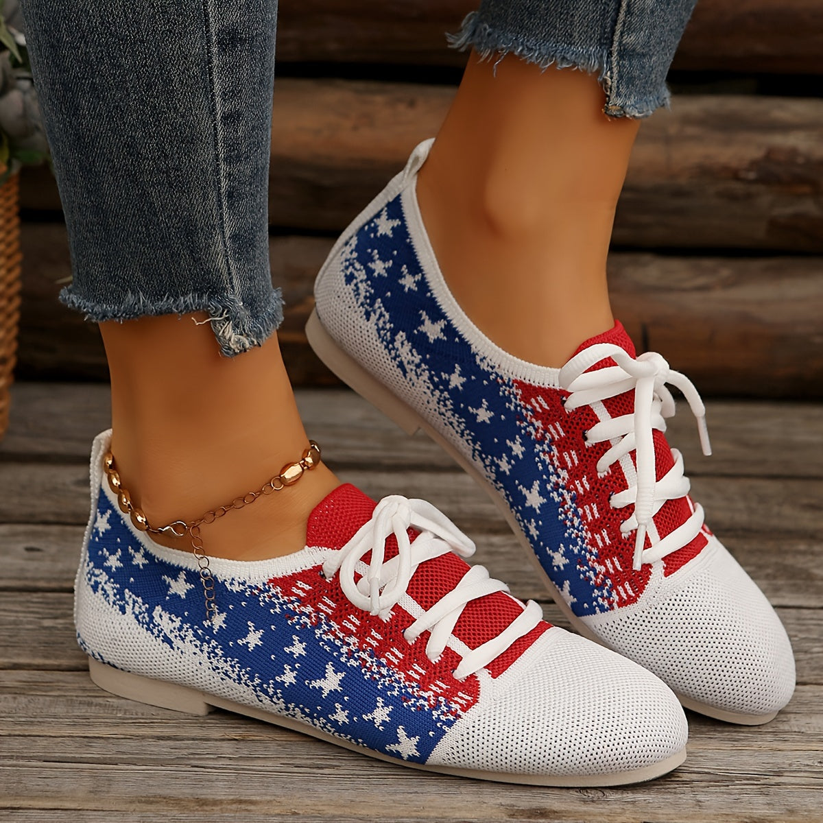 Women'S Casual Sports Flats with Star Pattern, Breathable Fabric Upper, Round Toe Lace-Up Sneakers, All-Season Rubber Sole Shoes from Taizhou