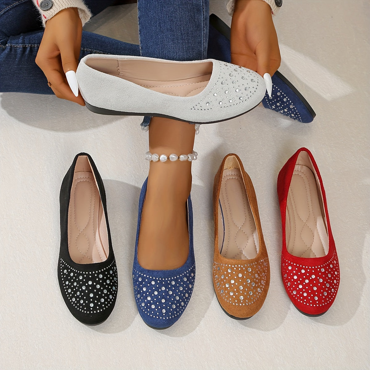 Elegant Women's Slip-On Flats with Rhinestone Accents - Comfortable, Lightweight Walking Shoes for All Seasons