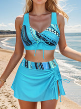 Polka Dot Print 3 Piece Set Tankini, V Neck Drawstring Front High Cut With Cover Up Skirt Swimsuits, Women&