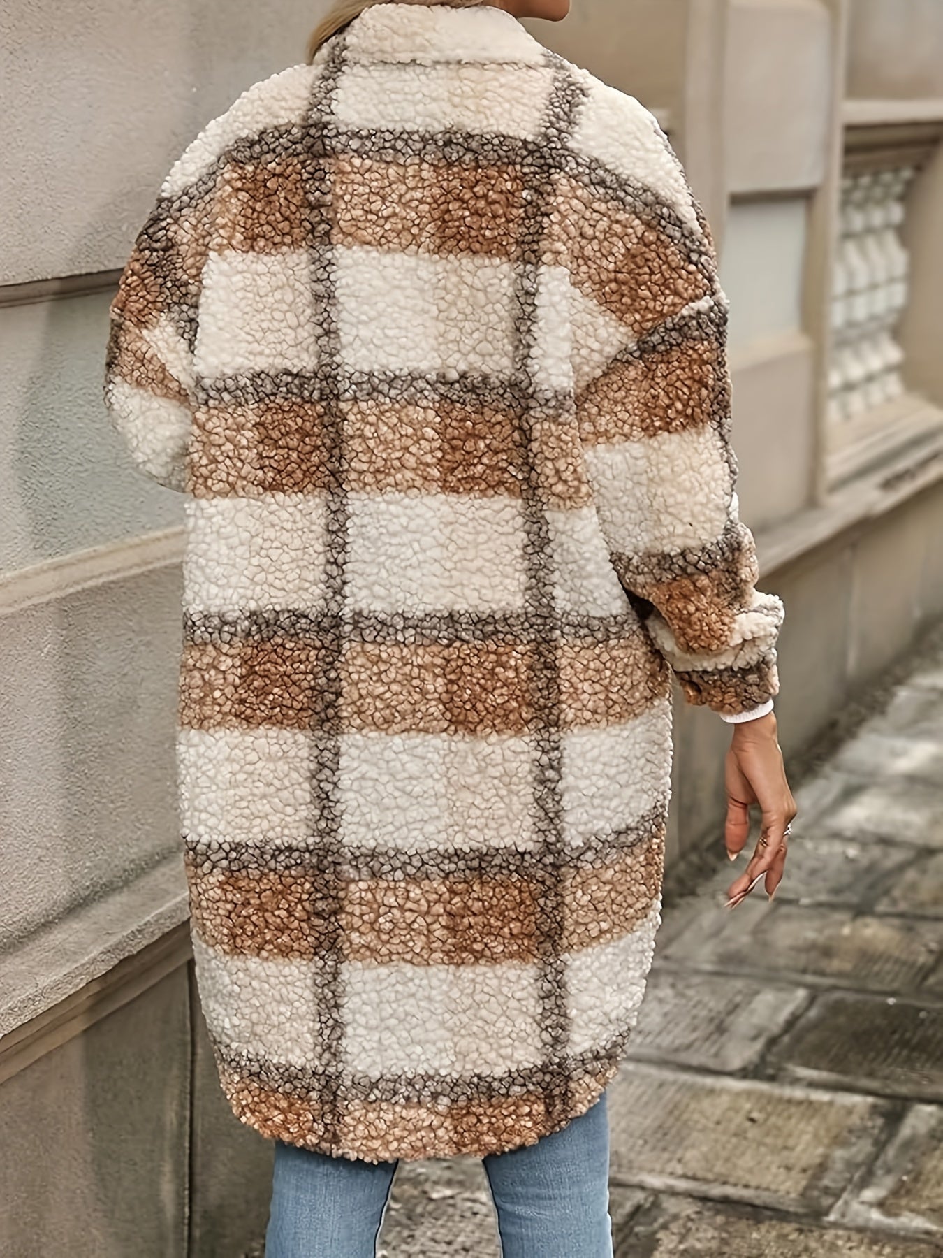 Plaid Pattern Button Front Fuzzy Jacket, Casual Thermal Long Sleeve Long Length Collar Coat For Fall & Winter, Women's Clothing