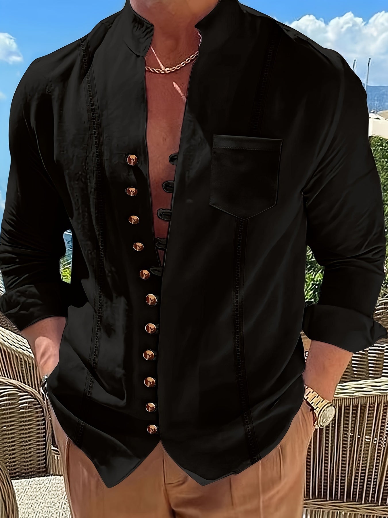 Men's Solid Ethnic Style Band Collar Jacket For Spring Summer, Stylish Casual Cotton Shirt For Males