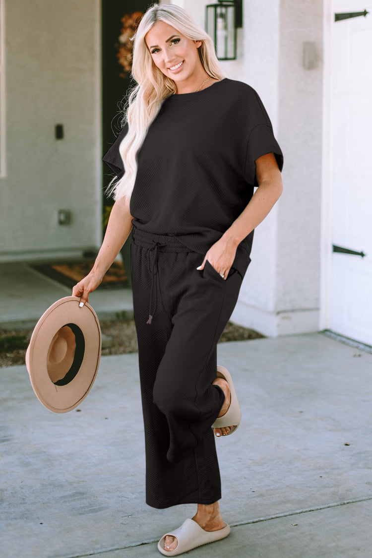 Double Take Full Size Texture Short Sleeve Top and Pants Set - MyEmpired