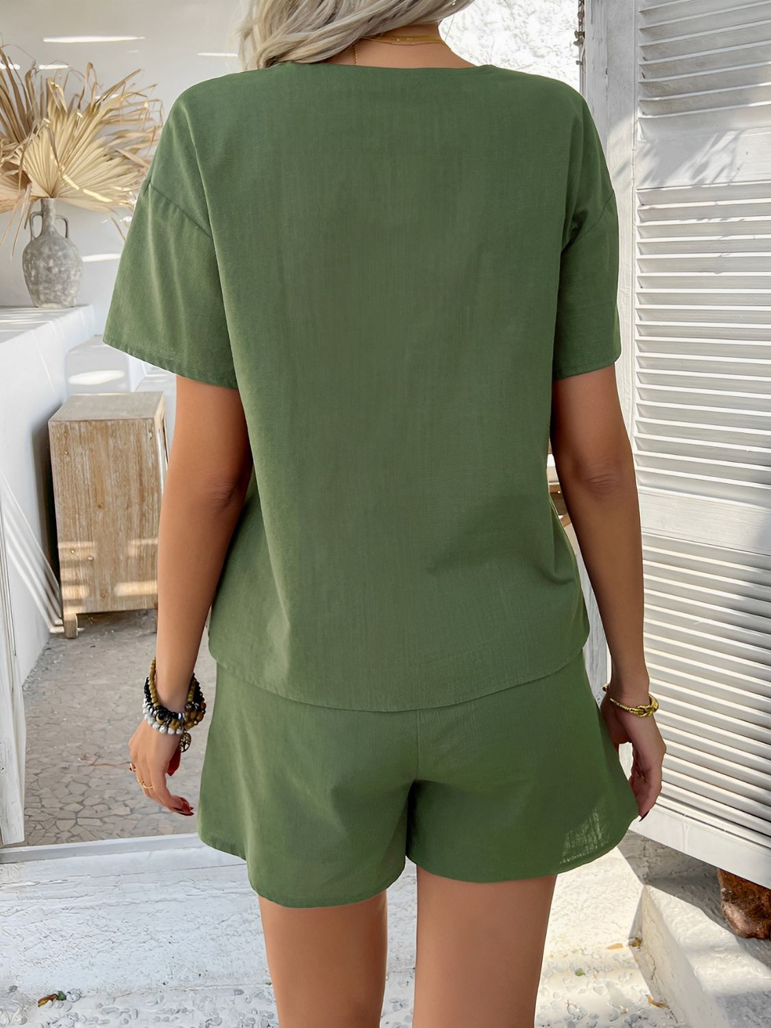 Devine Tied V-Neck Short Sleeve Top and Shorts Set - MyEmpired