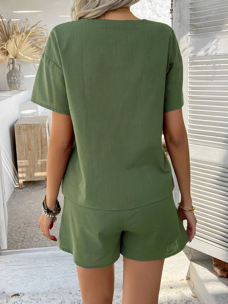 Devine Tied V-Neck Short Sleeve Top and Shorts Set - MyEmpired