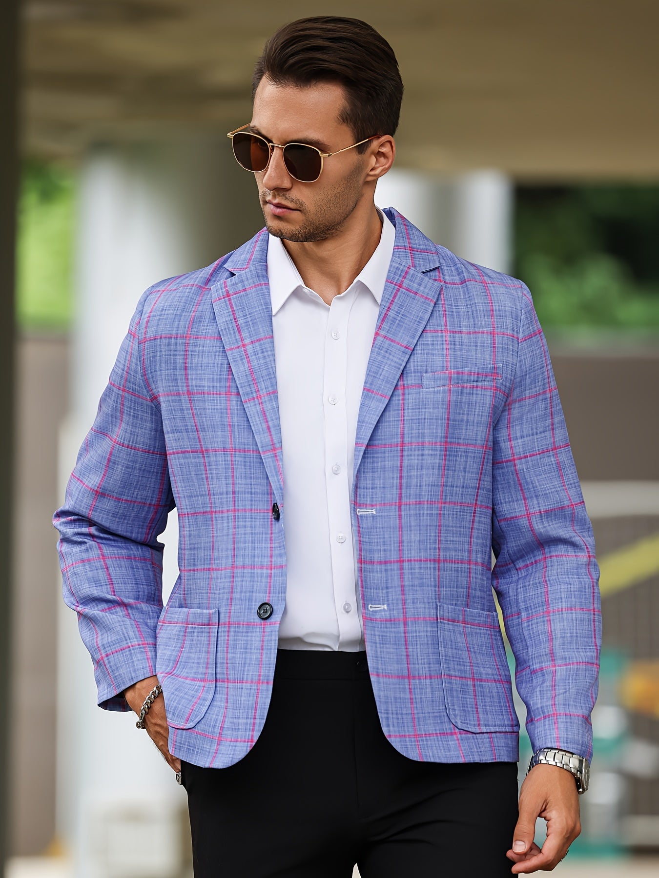 Men's Plaid Blazer, Notch Lapel Collar Two Button Suit Jacket, Male's Leisure Fashion For Business And Party Wear