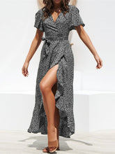 Tied Ruffled Printed Short Sleeve Midi Wrap Dress - MyEmpired