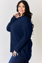 Basic Bae Full Size Ribbed Half Button Long Sleeve High-Low T-Shirt - MyEmpired