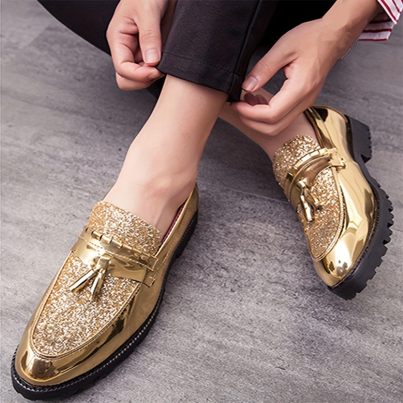 Men's Trendy Faux Patent Leather Upper Slip On Loafer Shoes, Comfy Non Slip Durable Formal Shoes For Men's Outdoor Activities