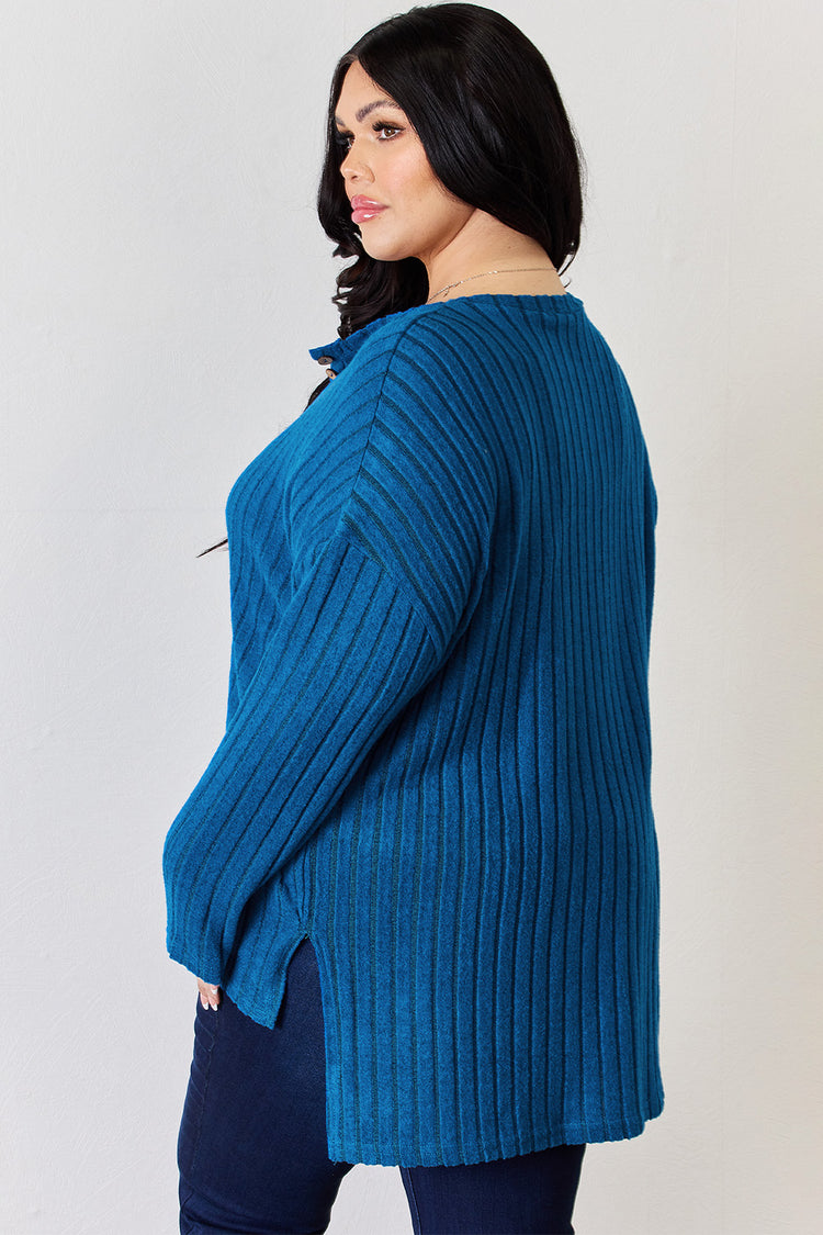 Basic Bae Full Size Ribbed Half Button Long Sleeve High-Low T-Shirt - MyEmpired