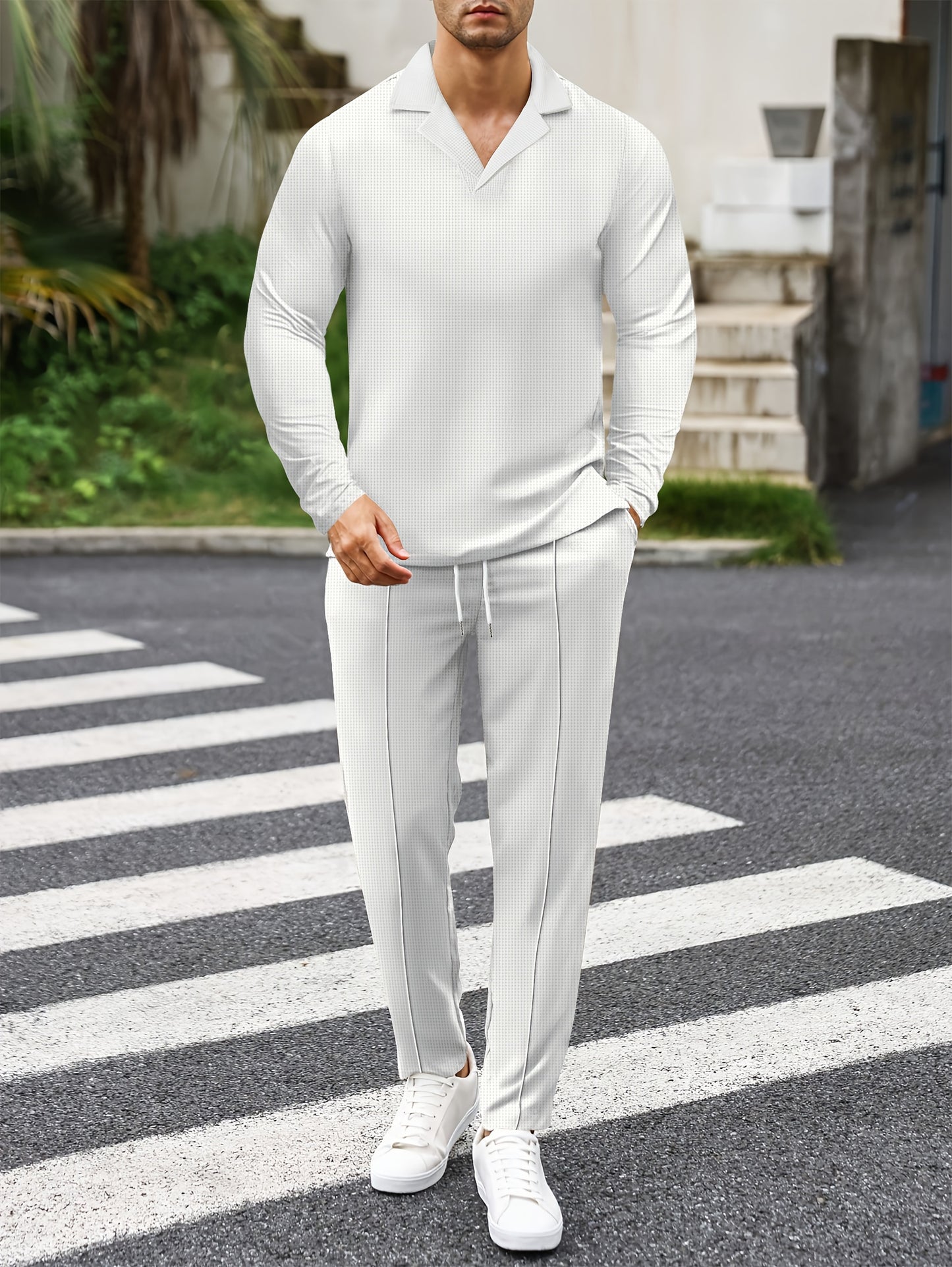 Men's Solid Color Casual Outfit Set, Long Sleeve Lapel Collar Shirt And Pants Set For Casual Daily Wear