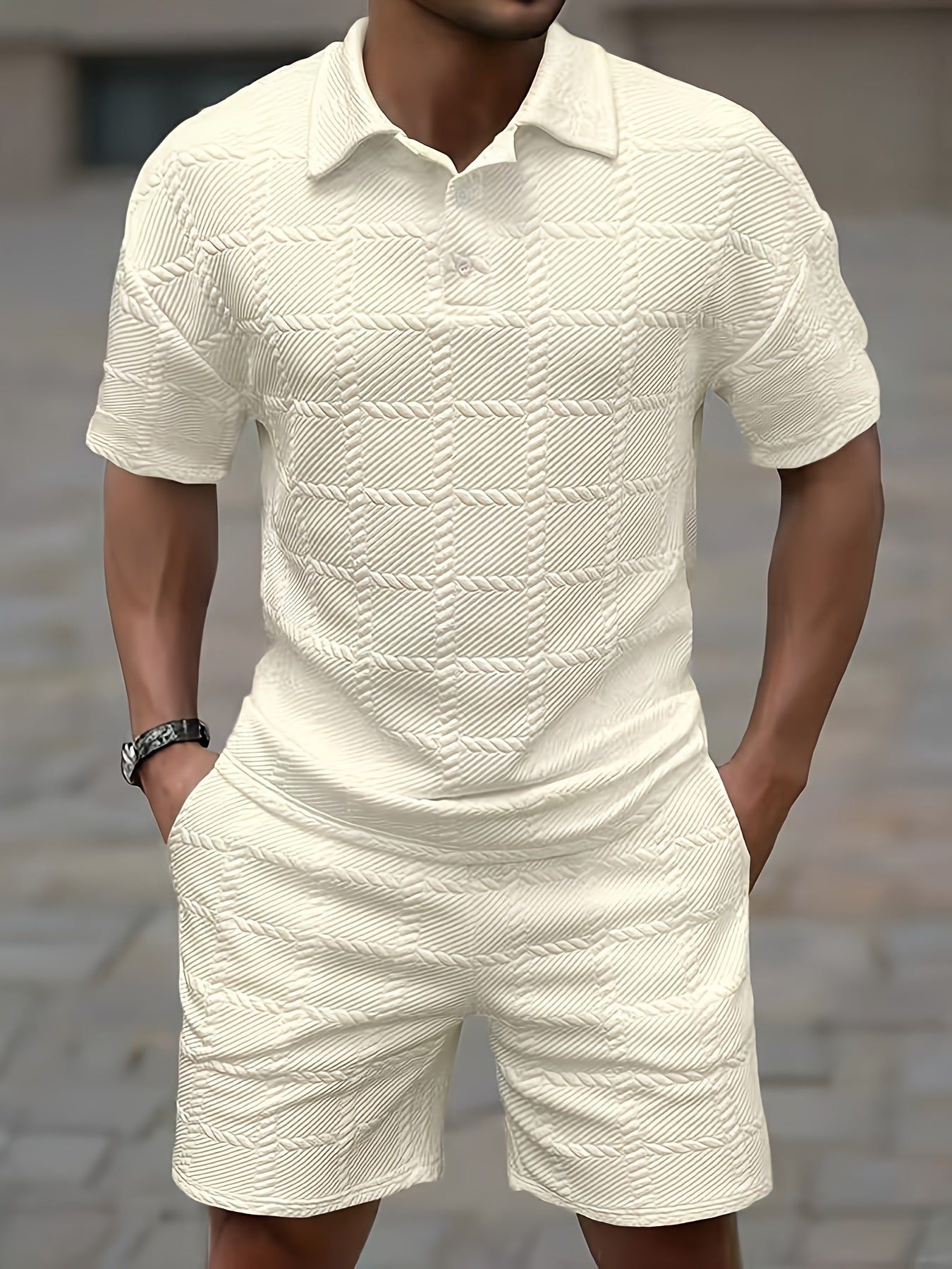 2-piece Men's Solid Textured Design Summer Outfit Set