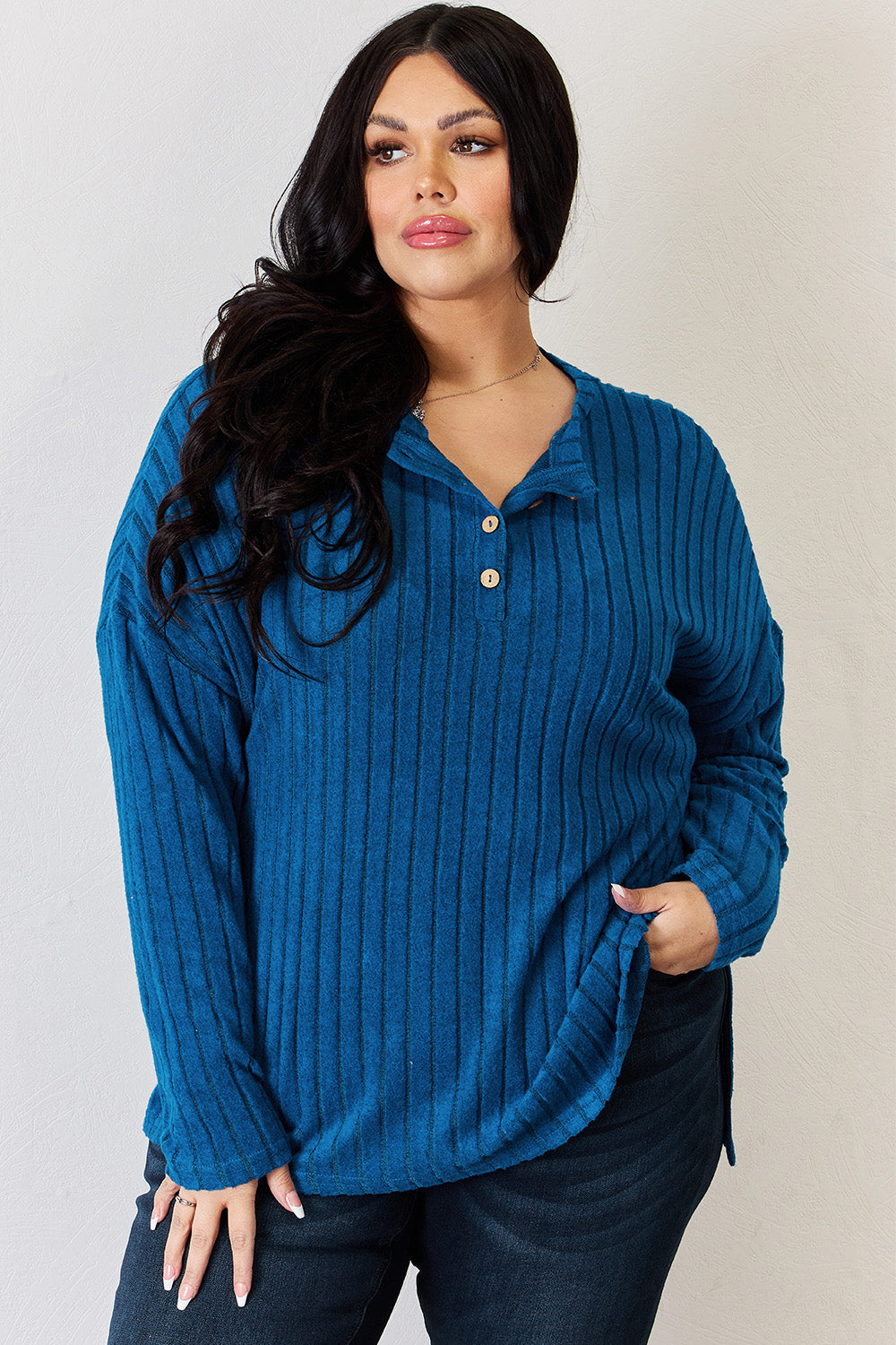 Basic Bae Full Size Ribbed Half Button Long Sleeve High-Low T-Shirt - MyEmpired