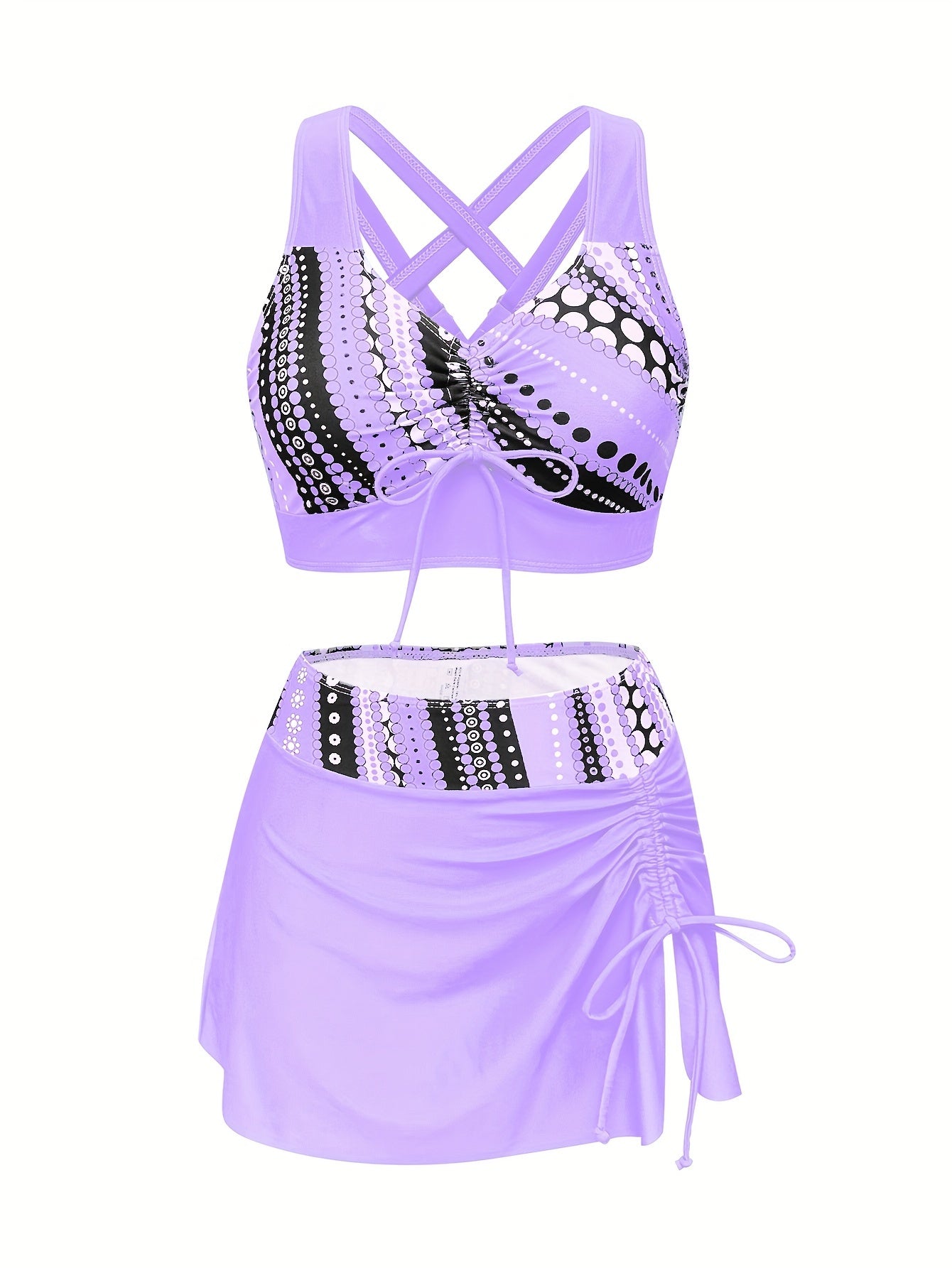 Polka Dot Print 3 Piece Set Tankini, V Neck Drawstring Front High Cut With Cover Up Skirt Swimsuits, Women&