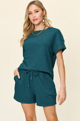 Double Take Full Size Texture Short Sleeve T-Shirt and Drawstring Shorts Set - MyEmpired
