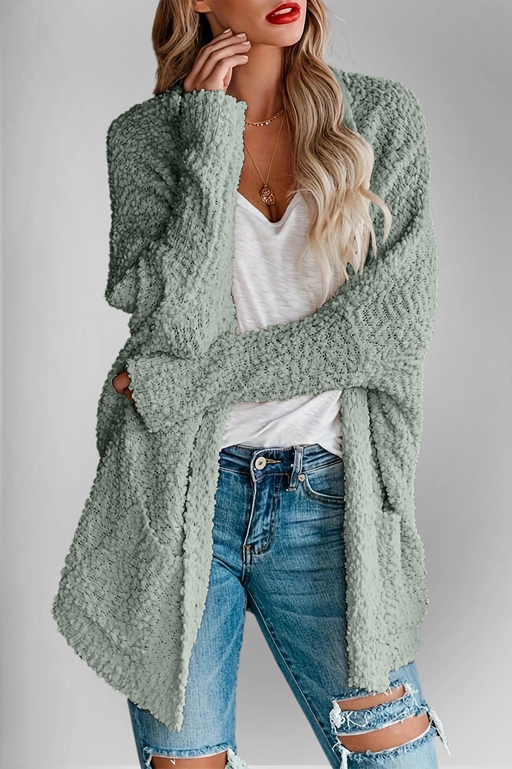 Double Take Pocketed Open Front Long Sleeve Cardigan - MyEmpired