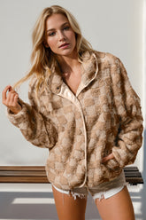 Double Take Checkered Long Sleeve Fuzzy Jacket - MyEmpired