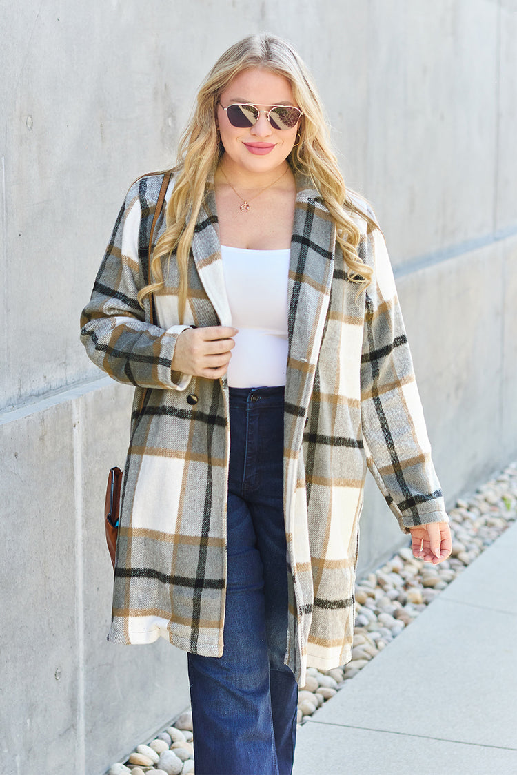 Double Take Full Size Plaid Button Up Lapel Collar Coat - MyEmpired