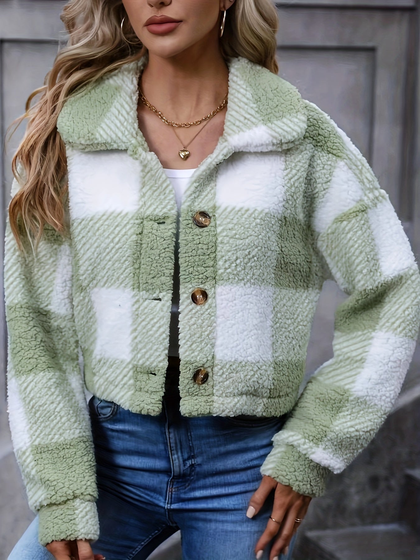 Plaid Teddy Coat, Casual Button Front Long Sleeve Winter Warm Outerwear, Women's Clothing